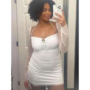 hibshaby Mesh Club Dresses for Women, Sexy Low Cut Long Sleeve Bodycon Mini Dress Halter Neck Party Outfits White L
