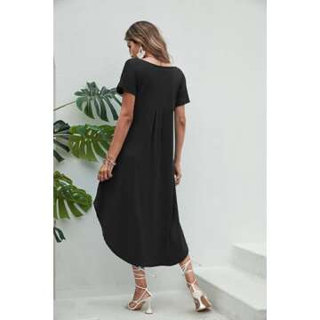 Ekouaer Sleepwear Womens V Neck Nightshirt Casual Loungewear Short Sleeve Long Nightgown,Black,Large