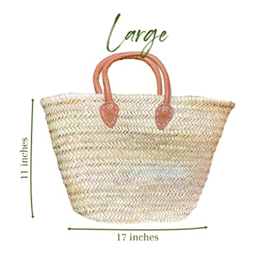 French Market Basket Bag | Handmade Moroccan Seagrass Baskets - Large (17x11) | Wicker Basket for Beach, Laundry, Toy, Blanket, Storage, Baby, or Picnic