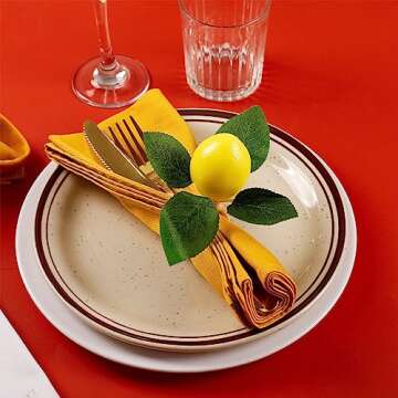 wonlex Handmade Napkin Rings Set of 4, Yellow Faux Lemon with Vine Napkin Ring for Wedding, Dinner Party, Banquet, Serviette for Christmas, Thanksgiving Day, Birthday (Lemon)