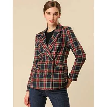Allegra K Women's Vintage Plaid Double Breasted Blazer