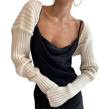 Women Long Sleeve Open Front Crop Top Drop Shoulder Ribbed Knit Cardigan Y2k Crochet Shrug Sweater(A1-Apricot,One Size)