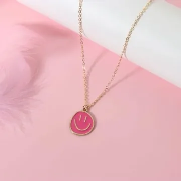 AULSIEY Hot Pink Smile Face Necklace for Women