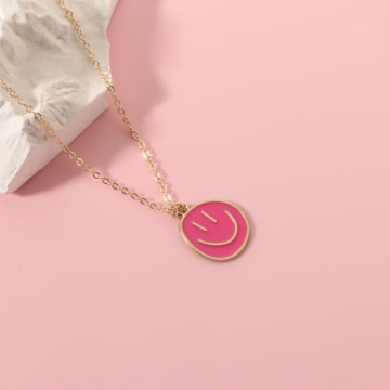 AULSIEY Hot Pink Smile Face Necklace for Women