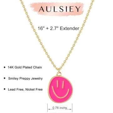 AULSIEY Hot Pink Smile Face Necklace for Women