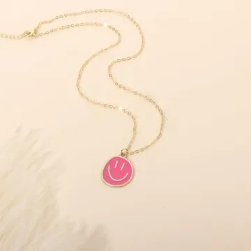 AULSIEY Hot Pink Smile Face Necklace for Women