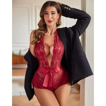 Avidlove Lingerie for Women Halter Teddy One Piece Lace Babydoll Bodysuit Sleepwear Wine Red XX-Large