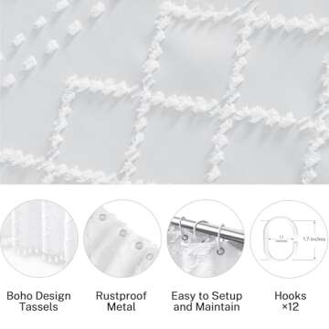 Extra Long White Textured Boho Shower Curtain 72x84