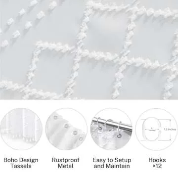 Extra Long White Textured Boho Shower Curtain 72x84