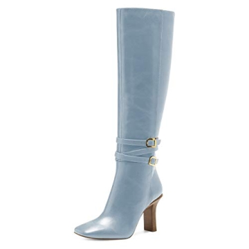 FSJ Women's Light Blue Knee High Boots - Chunky Heel & Side Zipper