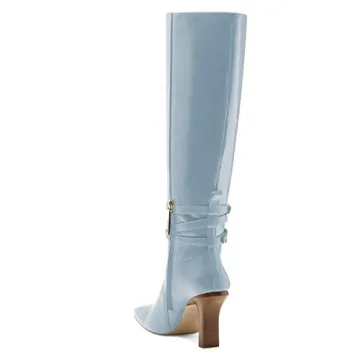 FSJ Women's Light Blue Knee High Boots Chunky Heel