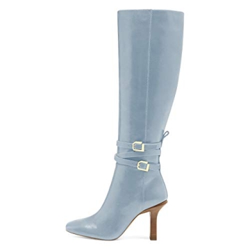 FSJ Women's Light Blue Knee High Boots Chunky Heel