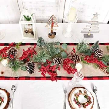 Artiflr 6Ft Berry Christmas Garland with Berries Pine Cones Spruce Eucalyptus Leaves Winter Pine Cones Garland for Holiday Season Mantel Fireplace Table Runner Centerpiece Decor