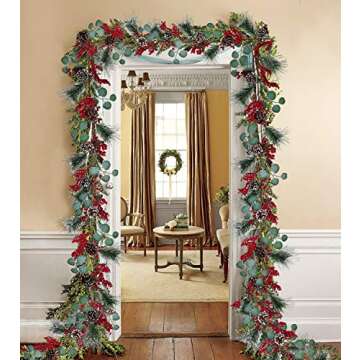 Artiflr 6Ft Berry Christmas Garland with Berries Pine Cones Spruce Eucalyptus Leaves Winter Pine Cones Garland for Holiday Season Mantel Fireplace Table Runner Centerpiece Decor