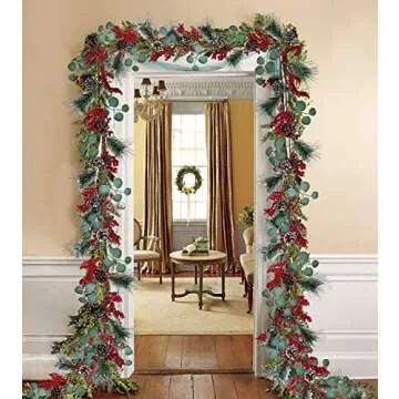 Artiflr 6Ft Berry Christmas Garland with Berries Pine Cones Spruce Eucalyptus Leaves Winter Pine Cones Garland for Holiday Season Mantel Fireplace Table Runner Centerpiece Decor