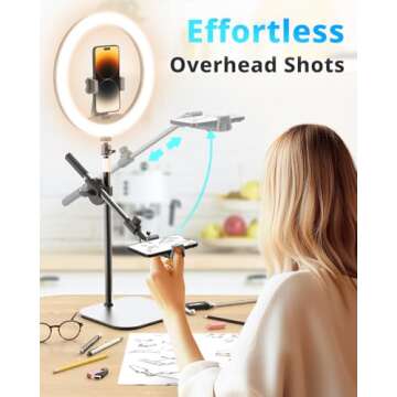 UBeesize 12" Desk Ring Light with Stand and Phone Holder, Overhead Phone Mount for Video Recording, ...