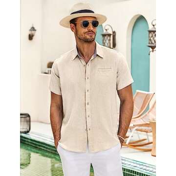 COOFANDY Mens Shirt Linen Casual Button Down Summer Beach Tops, Khaki, Large, Short Sleeve