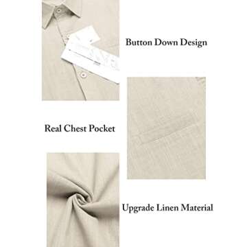 COOFANDY Mens Shirt Linen Casual Button Down Summer Beach Tops, Khaki, Large, Short Sleeve