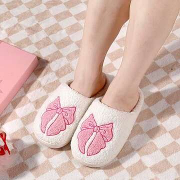 JAMANDUO Womens Pink Bow Slippers Cute Pink Bow Tie Plush Cozy Warm Indoor House Slippers 41-42