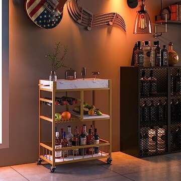 Azheruol Bar Cart 3 Tiers Removable Storage Tray with Wine Rack & Basket Tier,Rolling Beverage Cart,...