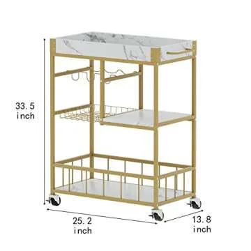 Azheruol Bar Cart 3 Tiers Removable Storage Tray with Wine Rack & Basket Tier,Rolling Beverage Cart,Mobile Bar Serving Cart with Handle, White Marble Wood and Gold Frame Home Kitchen Shelf for Party