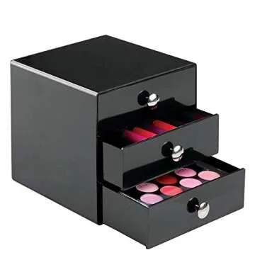 iDesign 35360 3-Drawer Plastic Vanity Organizer, Compact Storage Organization Set for Cosmetics, Dental Supplies, Hair Care, Bathroom, Dorm, Desk, Countertop, Office, 6.5" x 6.5" x 6.5", Black