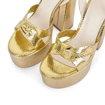 onlymaker Women's Platform Chunky Block Heeled Sandal Lace up High Heel Open Toe Stone 70's Ribbed Sandals Golden Size 5