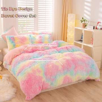 ZRNBAST Shaggy Duvet Cover Set Twin Size for Girls Rainbow Tie Dye Comforter Cover Set Faux Fur 3 PC...