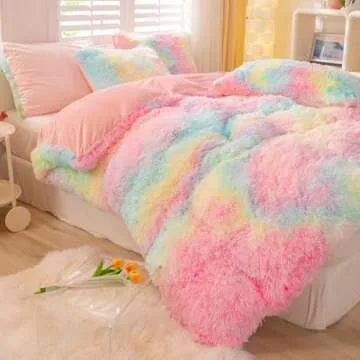 ZRNBAST Shaggy Duvet Cover Set Twin Size for Girls Rainbow Tie Dye Comforter Cover Set Faux Fur 3 PC Fluffy Soft Colorful Furry Bedding Set for All Season(Rainbow,Twin)