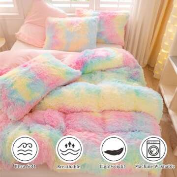 ZRNBAST Shaggy Duvet Cover Set Twin Size for Girls Rainbow Tie Dye Comforter Cover Set Faux Fur 3 PC Fluffy Soft Colorful Furry Bedding Set for All Season(Rainbow,Twin)