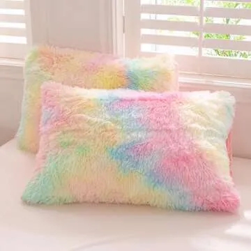 ZRNBAST Shaggy Duvet Cover Set Twin Size for Girls Rainbow Tie Dye Comforter Cover Set Faux Fur 3 PC Fluffy Soft Colorful Furry Bedding Set for All Season(Rainbow,Twin)