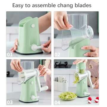 VEKAYA Rotary Cheese Grater, 5 in 1 Cheese Grater with Handle, Replaceable Stainless Blades Cheese Shredder, Cheese Vegetable Slicer, Easy to Clean Kitchen Gadgets with Storage Box