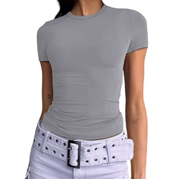 Abardsion Women's Casual Basic Going Out Crop Tops Slim Fit Short Sleeve Crew Neck Tight T Shirts (L...