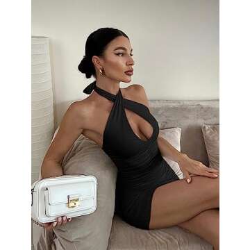 BEAGIMEG Women's Sexy Bodycon Sleeveless Criss Cross Ruched Halter Mini Dress Party Club Dress Black