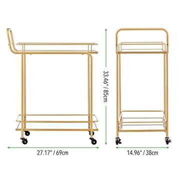 mDesign Metal Vintage Beverage Rolling Cart for Home - 2-Tier Serving Bar Trolley with Easy-Glide, Rotating Wheels, Built-in Handle, and Glass Shelves for Wine and Craft Beer - Soft Brass