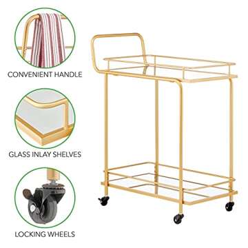 mDesign Metal Vintage Beverage Rolling Cart for Home - 2-Tier Serving Bar Trolley with Easy-Glide, Rotating Wheels, Built-in Handle, and Glass Shelves for Wine and Craft Beer - Soft Brass