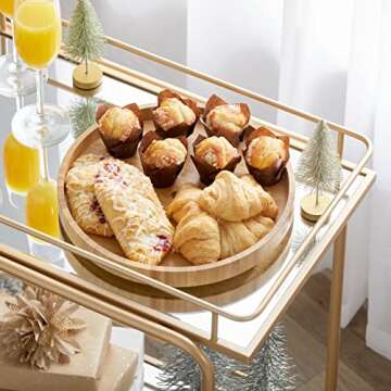 mDesign Metal Vintage Beverage Rolling Cart for Home - 2-Tier Serving Bar Trolley with Easy-Glide, Rotating Wheels, Built-in Handle, and Glass Shelves for Wine and Craft Beer - Soft Brass