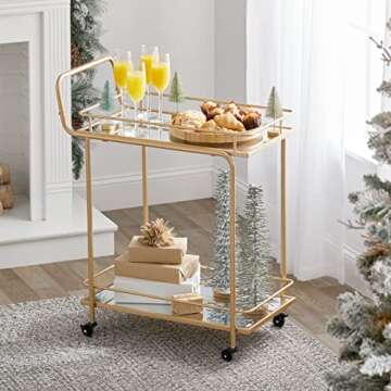 mDesign Metal Vintage Beverage Rolling Cart for Home - 2-Tier Serving Bar Trolley with Easy-Glide, Rotating Wheels, Built-in Handle, and Glass Shelves for Wine and Craft Beer - Soft Brass