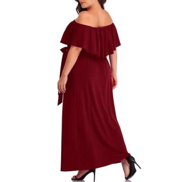 Plus Size Off Shoulder Long Burgundy Maxi Slit Beach Casual Summer Formal Wedding Guest Ruffle Dress...