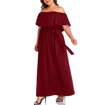Plus Size Off Shoulder Long Burgundy Maxi Slit Beach Casual Summer Formal Wedding Guest Ruffle Dress with Pockets Women