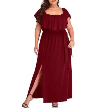 Plus Size Off Shoulder Long Burgundy Maxi Slit Beach Casual Summer Formal Wedding Guest Ruffle Dress with Pockets Women
