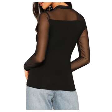 SweatyRocks Women's Elegant Long Sleeve Contrast Sheer Mesh Slim Fit T Shirt Tops Black #1 XS