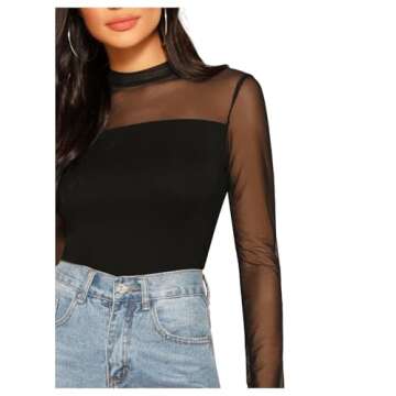 SweatyRocks Women's Elegant Long Sleeve Contrast Sheer Mesh Slim Fit T Shirt Tops Black #1 XS