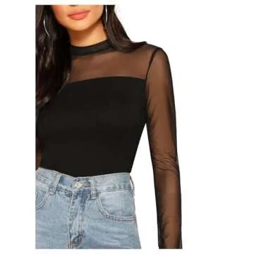 SweatyRocks Women's Elegant Long Sleeve Contrast Sheer Mesh Slim Fit T Shirt Tops Black #1 XS