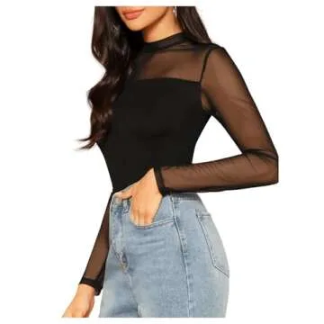 SweatyRocks Women's Elegant Long Sleeve Contrast Sheer Mesh Slim Fit T Shirt Tops Black #1 XS