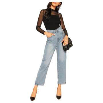 SweatyRocks Women's Elegant Long Sleeve Contrast Sheer Mesh Slim Fit T Shirt Tops Black #1 XS