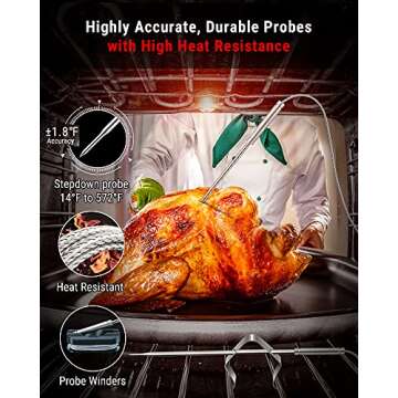 ThermoPro TP826 500FT Wireless Meat Thermometer, Dual Meat Probe Cooking Thermometer with HI/Low Alert, IPX4 Food Grill Thermometer, Outdoor Fryer Accessories for BBQ, Smoker, Oven, Grilling Gifts