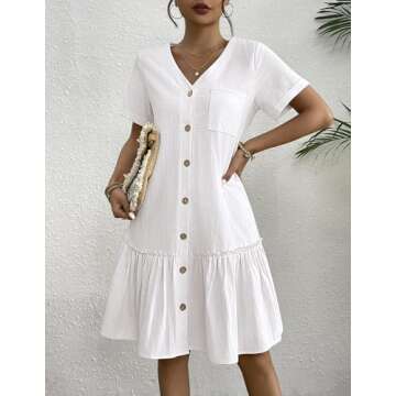 HOTOUCH Women Casual White Button Down Dress Cotton Linen Dress for Summer A Line Swing Dress Ruffle Hem Dress, White XXL