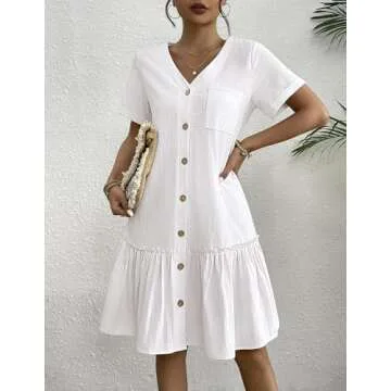 HOTOUCH Women Casual White Button Down Dress Cotton Linen Dress for Summer A Line Swing Dress Ruffle Hem Dress, White XXL