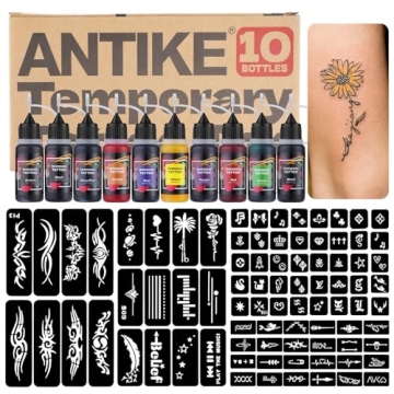 ANTIKE Temporary Tattoo Kit with 10 Inks & 84 Stencils - Perfect for Kids & Adults
